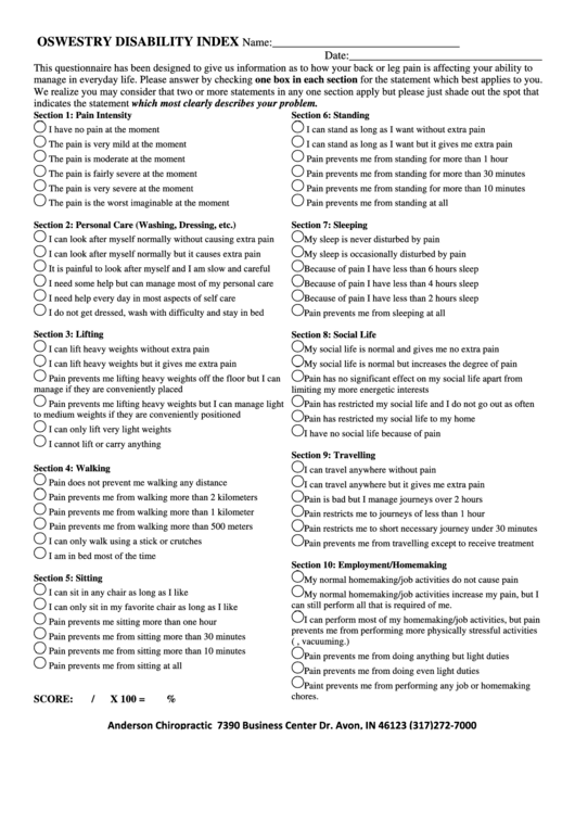 Oswestry Disability Index printable pdf download