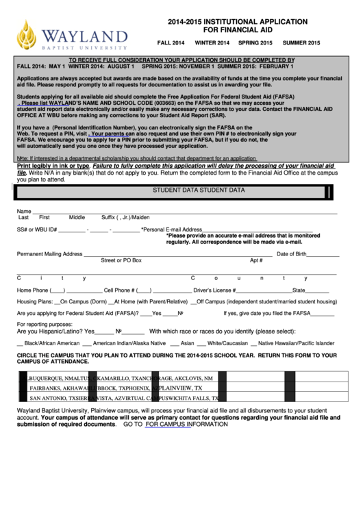 Institutional Application For Financial Aid printable pdf download