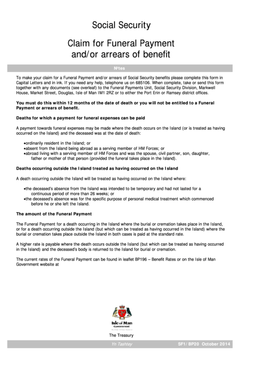 Claim For Funeral Payment And Or Arrears Of Benefit printable pdf download
