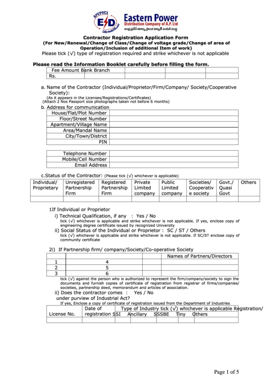 Contractor Registration Application Form (For New/renewal/change Of