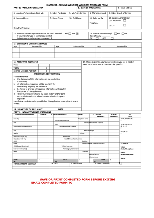Heartbeat Serving Wounded Warriors Assistance Form printable pdf download