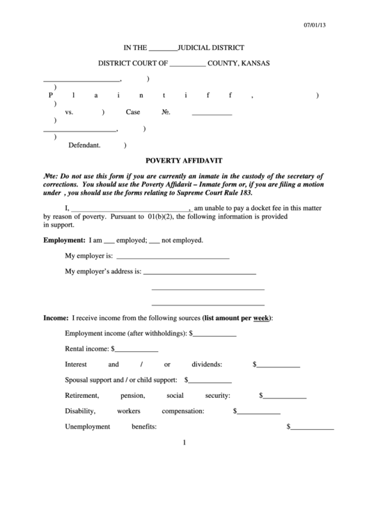 Poverty Affidavit printable pdf download