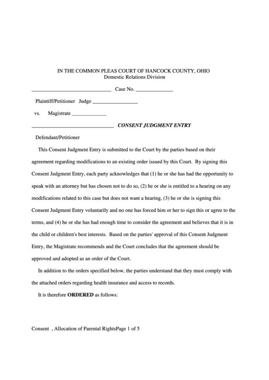 In The Common Pleas Court Of Hancock County, Ohio Domestic Relations