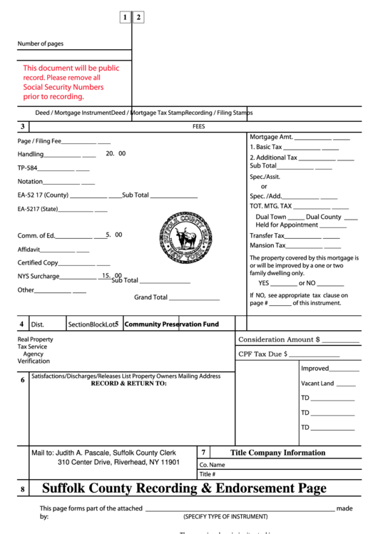 Fillable Suffolk County RecordingEndorsement Page Form printable pdf