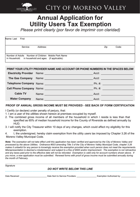 Fillable Annual Application For Utility Users Tax Exemption Form