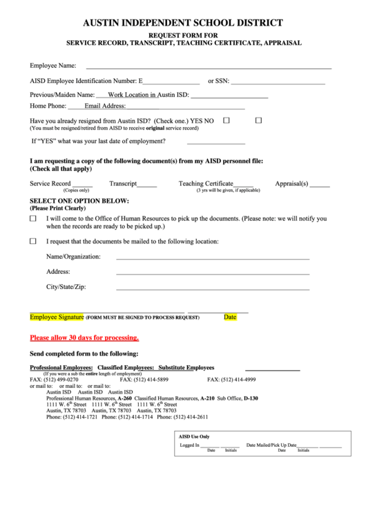 Fillable Request Form For Service Record, Transcript, Teaching