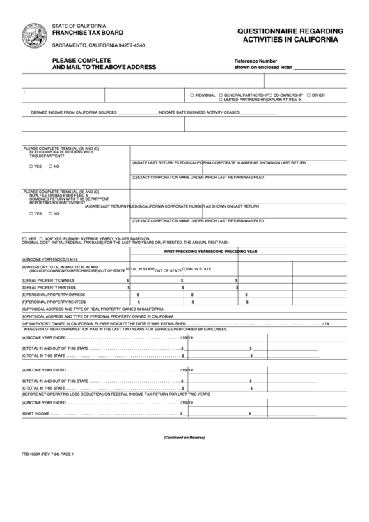 Form Ftb 1063a Questionnaire Regarding Activities In California