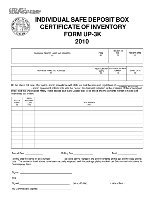 Fillable Form Up3k Individual Safe Deposit Box Certificate Of