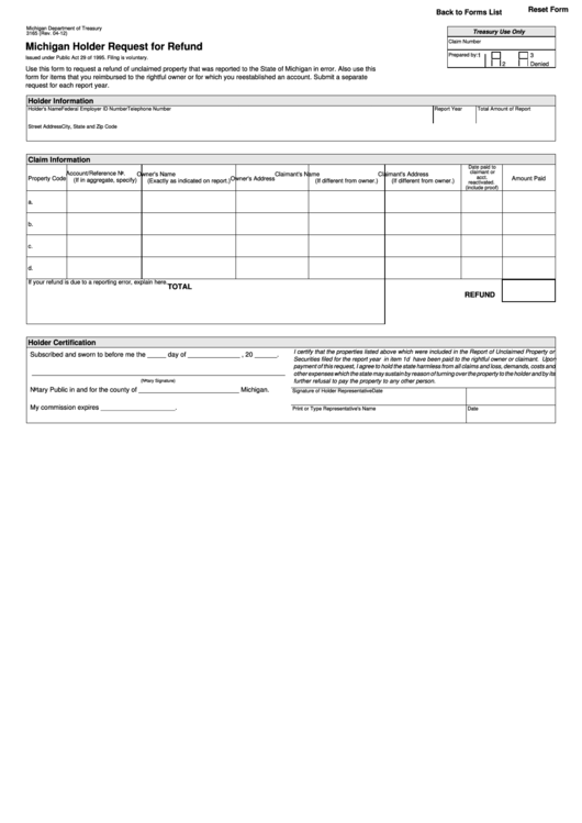 Fillable Form 3165 Michigan Holder Request For Refund Form Michigan