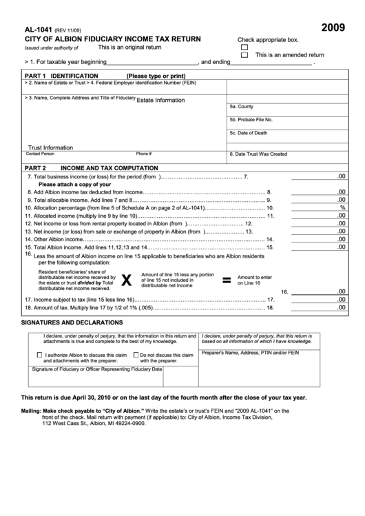 Form Al1041 City Of Albion Fiduciary Tax Return 2009