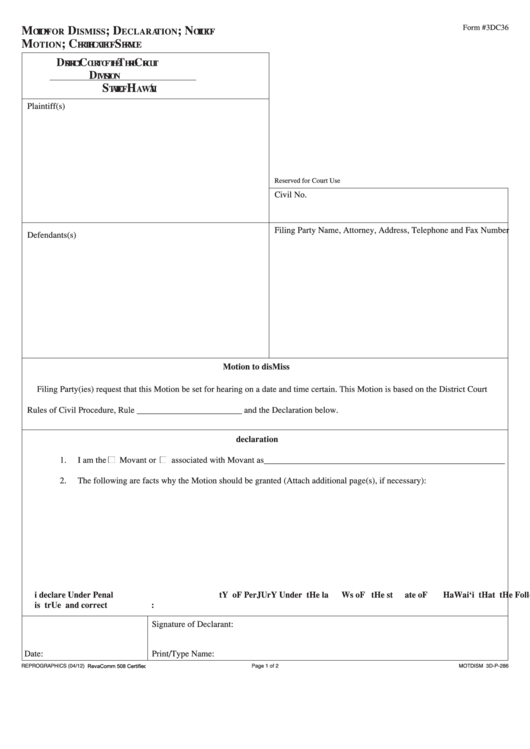 Fillable Form 3dc36 Motion To Dismiss 2012 printable pdf download
