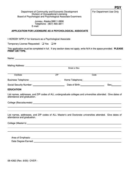 Form 084362 Application For Licensure As A Psychological Associate