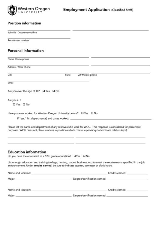 Fillable Employment Application Form (Classified Staff) printable pdf