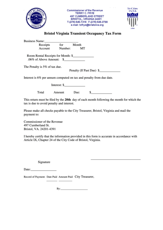Bristol Virginia Transient Occupancy Tax Form Virginia Commissioner