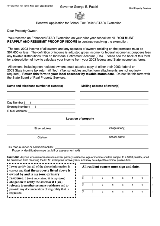 Form Rp425Rnw Renewal Application For School Tax Relief (Star