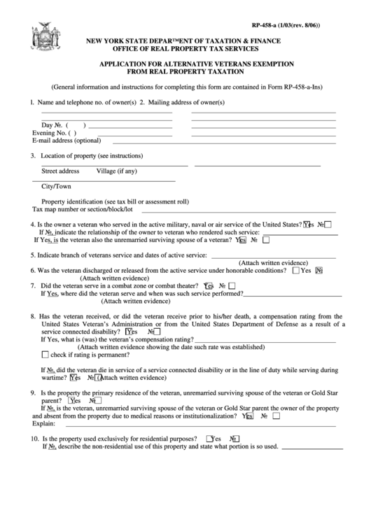 Fillable Form Rp458A Application For Alternative Veterans Exemption