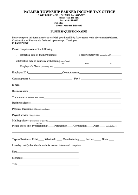 Business Questionnaire Form Palmer Township Earned Tax Office
