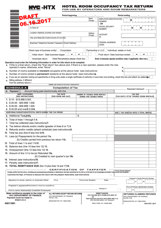 Form NycHtx Draft Hotel Room Occupancy Tax Return printable pdf download