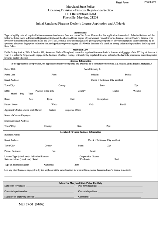 Fillable Form Msp 2951 Initial Regulated Firearms Dealer'S License Application And Affidavit