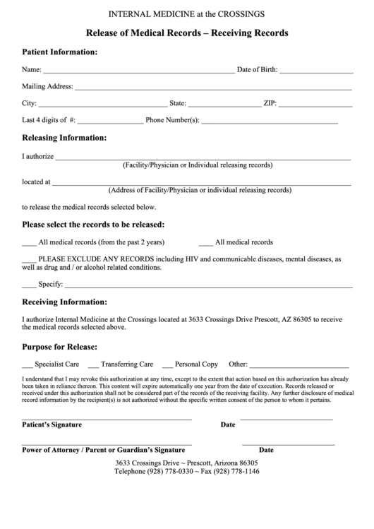 Release Of Medical RecordsReceiving Records Form printable pdf download