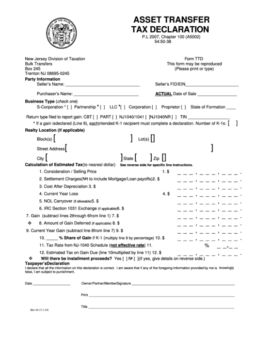 Form Ttd Asset Transfer Tax Declaration printable pdf download