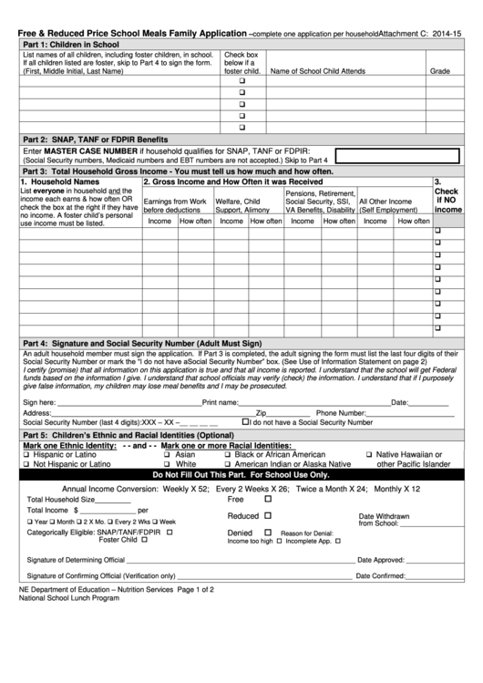Free & Reduced Price School Meals Family Application Form printable pdf