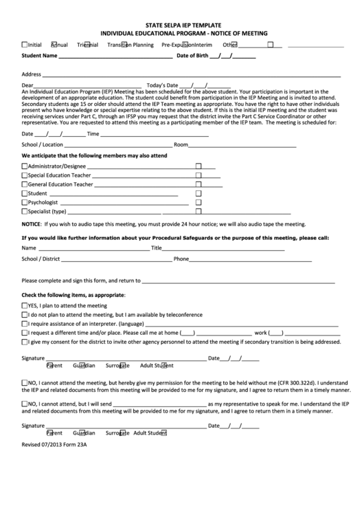 State Selpa Iep Template Individual Educational Program Notice Of