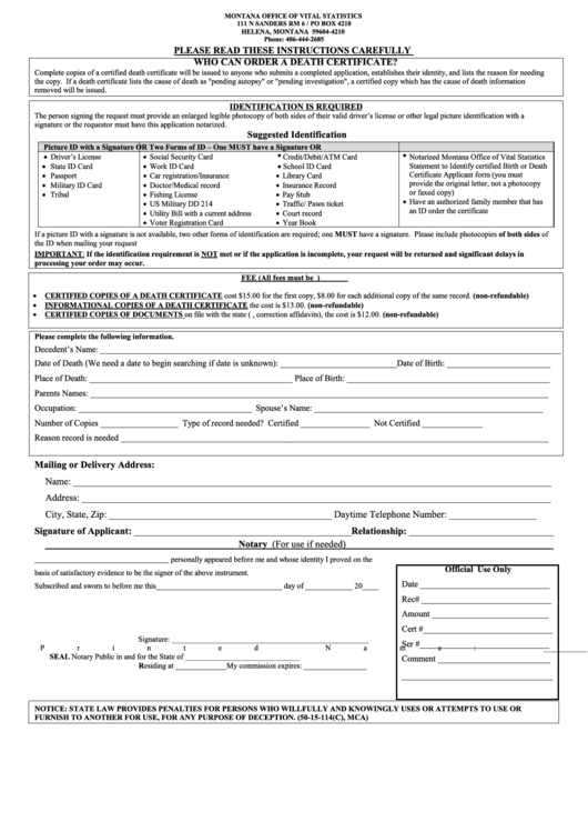 Fillable Death Certificate Application Montana Office Of Vital