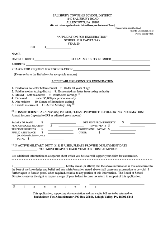 "Application For Exoneration" School Per Capita Tax Form printable pdf