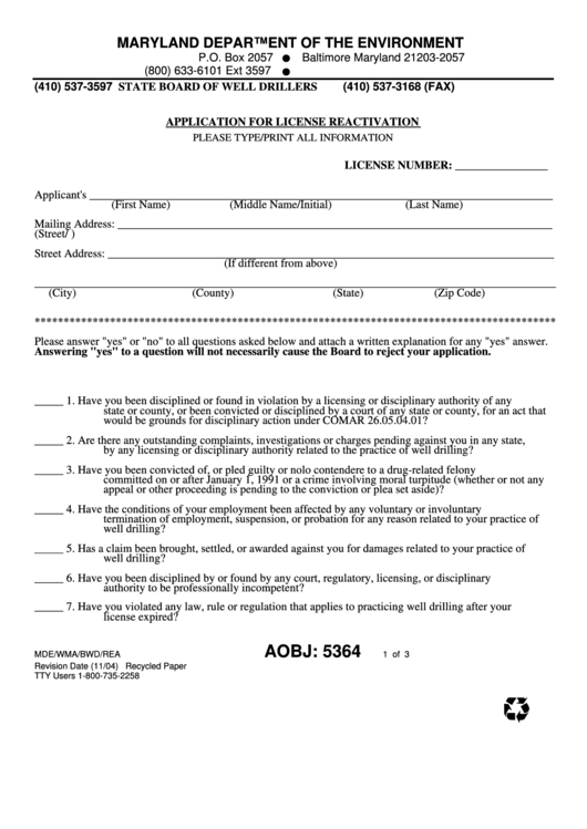 Fillable Form Mde/wma/bwd/rea Application For License Reactivation