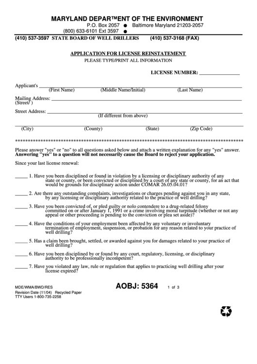 Fillable Form Mde/wma/bwd/res Application For License Reinstatement