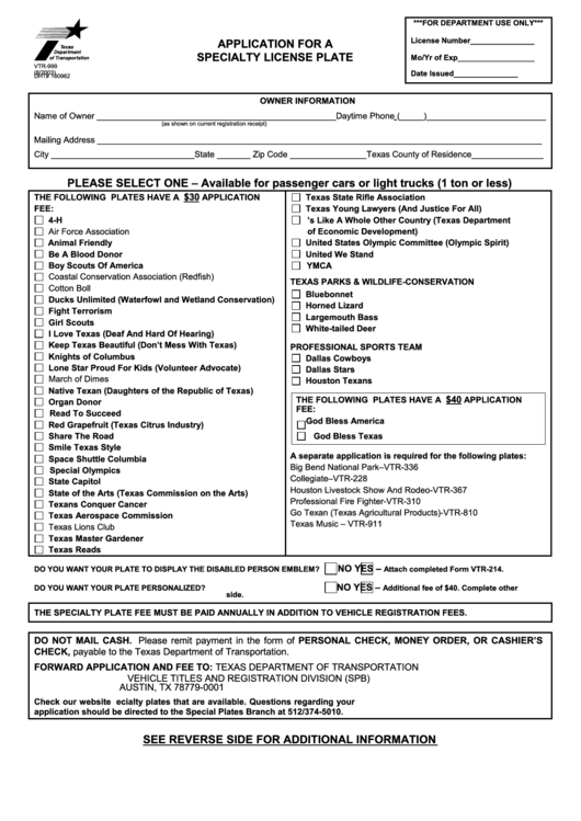 Form Vtr999 Application For A Specialty License Plate printable pdf download