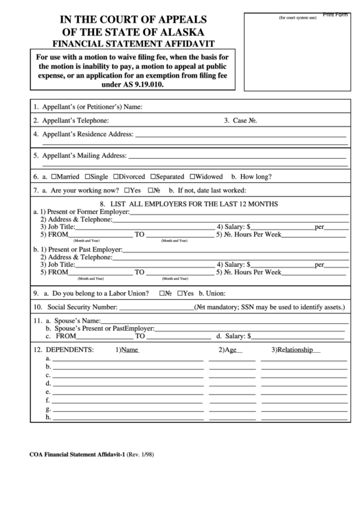 Fillable Form Coa Financial Statement Affidavit printable pdf download