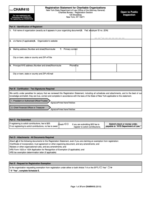 Form Char410 Registration Statement For Charitable Organizations
