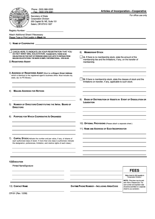 Fillable Form Cr191 Articles Of Incorporation Cooperative printable