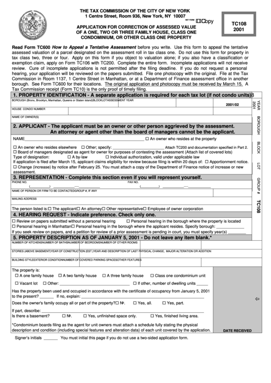 Form Tc108 He Tax Commission Of The City Of New York 2001 printable