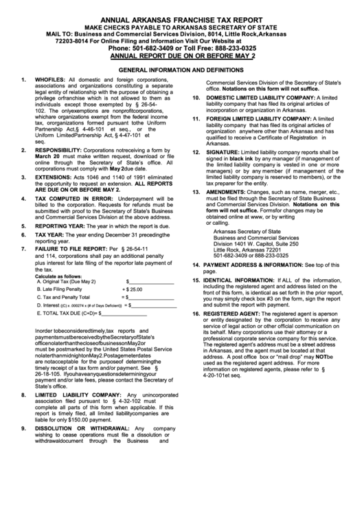 Fillable Annual Arkansas Franchise Tax Report Form Arkansas Secretary