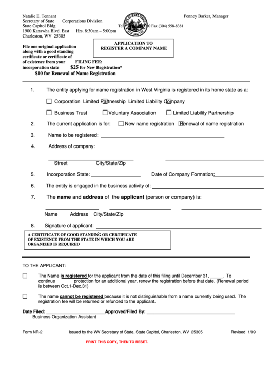 Fillable Form Nr2 Application To Register A Company Name printable