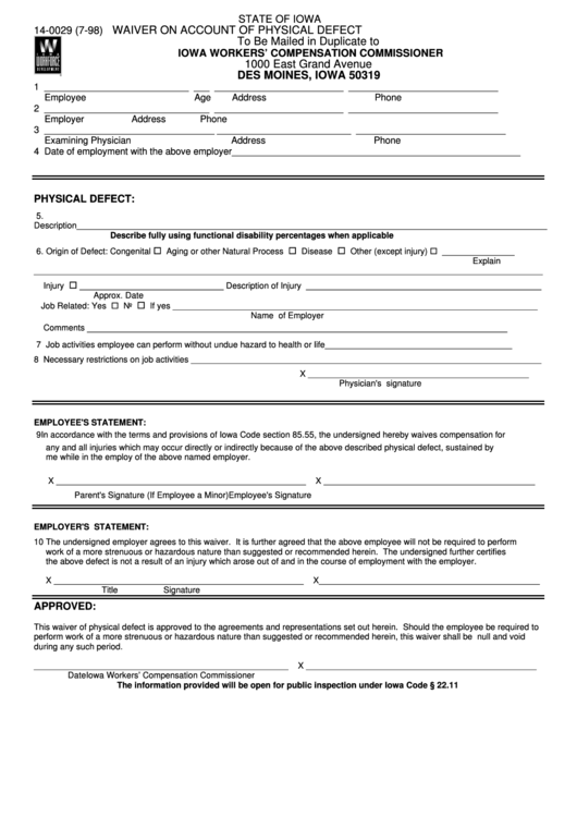 Form 140029 Waiver On Account Of Physical Defect State Of Iowa