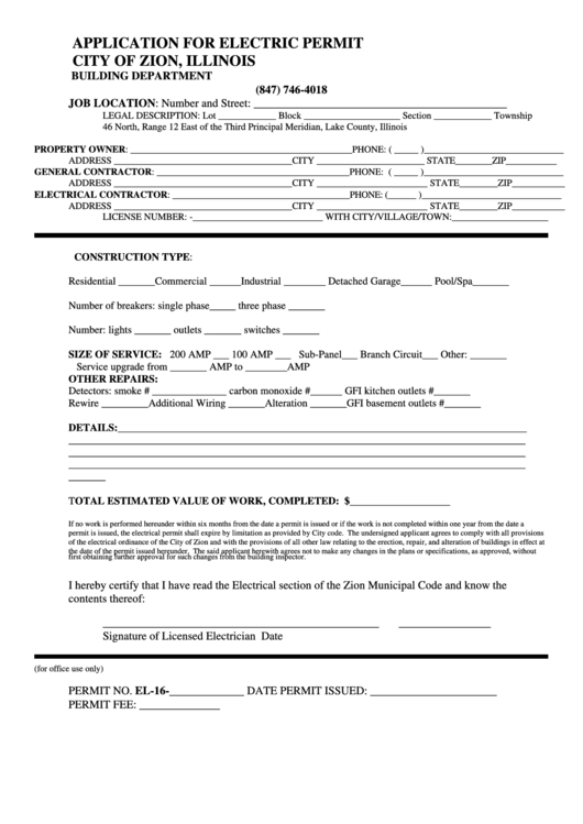 Fillable Application For Electric Permit Form printable pdf download