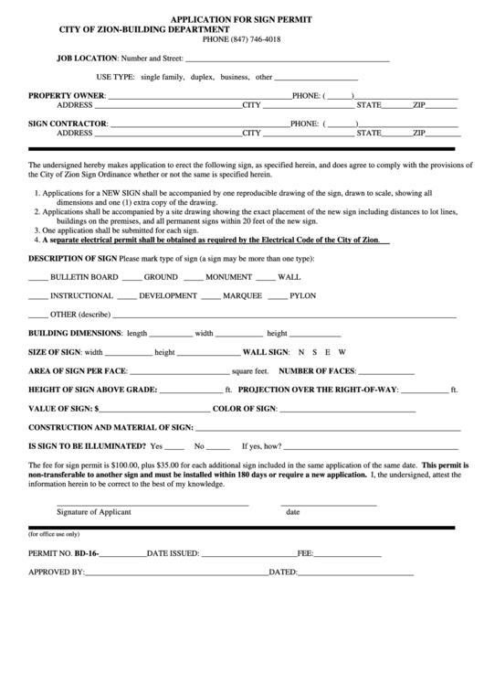 Fillable Application For Sign Permit Form printable pdf download