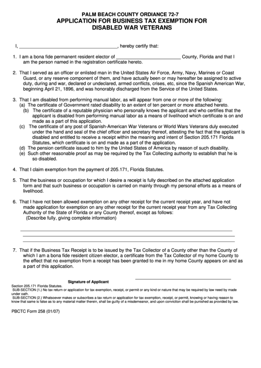 Application For Business Tax Exemption For Disabled War Veterans Form