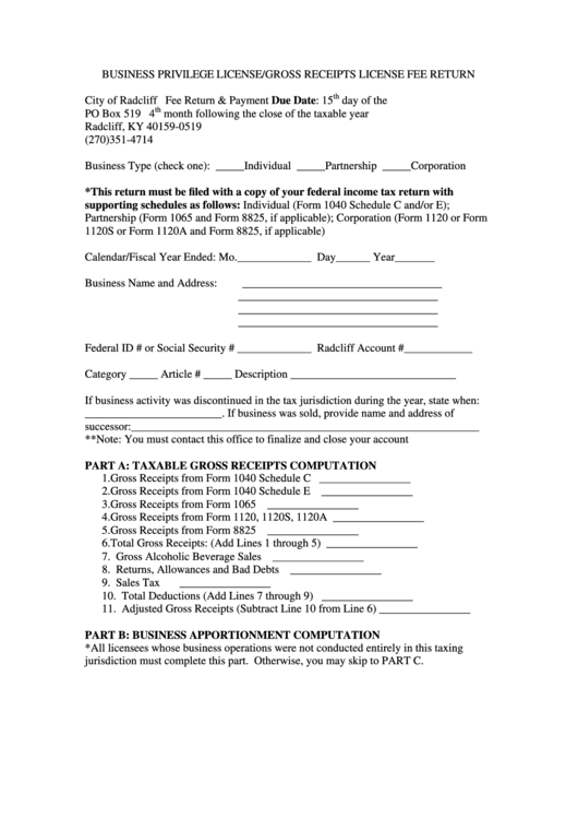 Business Privilege License/gross Receipts License Fee Return Form