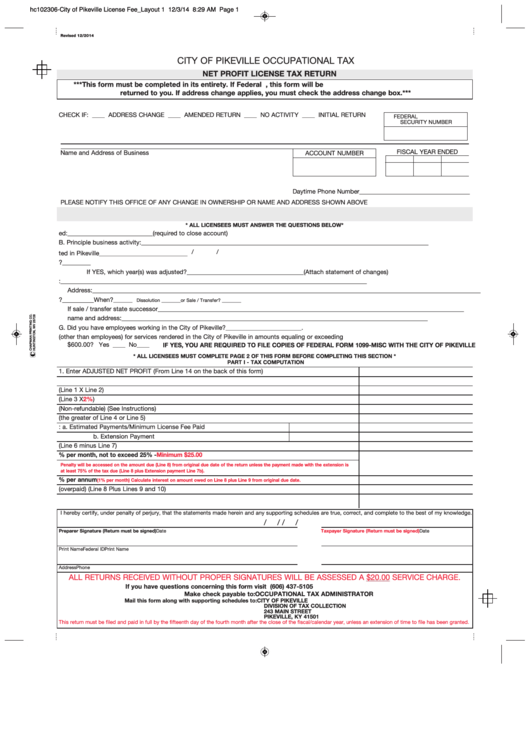 Net Profit License Tax Return Form City Of Pikeville Occupational Tax
