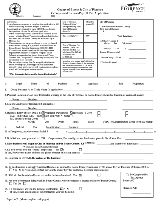 Occupational License/payroll Tax Application Form County Of Boone