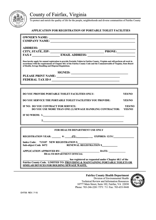 Form Eht05 Registration Of Portable Toilet Facilities July 2015