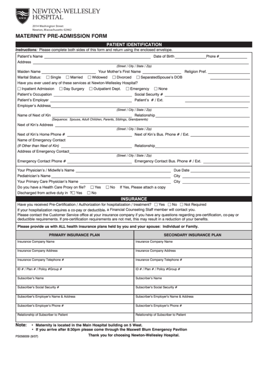 Fillable Maternity PreAdmission Form 2014 printable pdf download