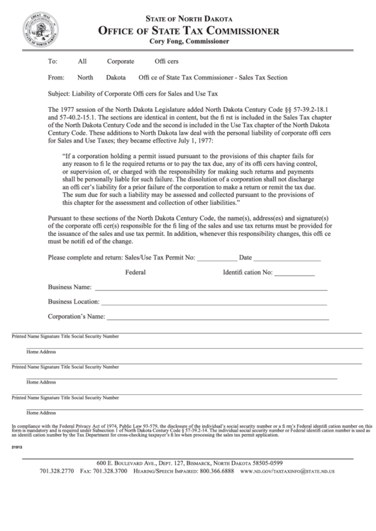 Liability Of Corporate Offi Cers For Sales And Use Tax Form North Dakota Office Of State Tax