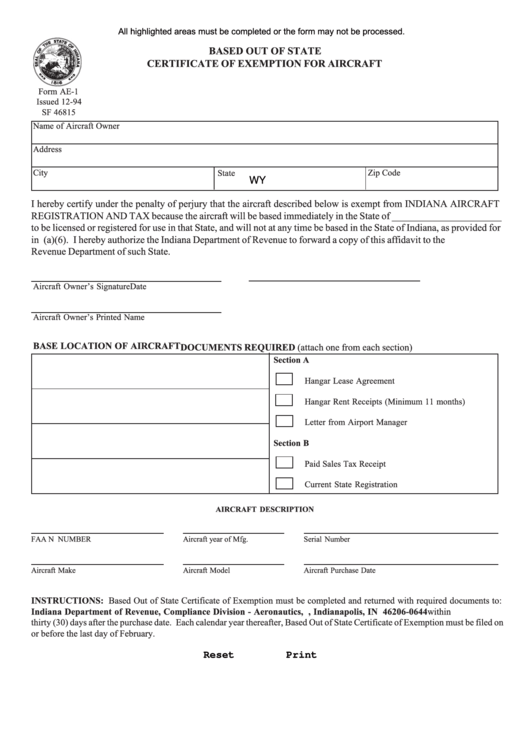 Fillable Form Ae1 Based Out Of State Certificate Of Exemption For