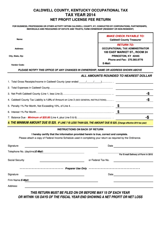 Net Profit License Fee Return Form Caldwell County 2014 printable